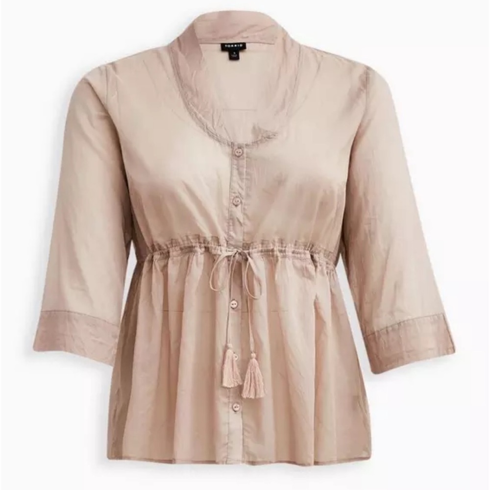 Torrid Collared Peplum Blouse - Crinkle Cotton Mushroom